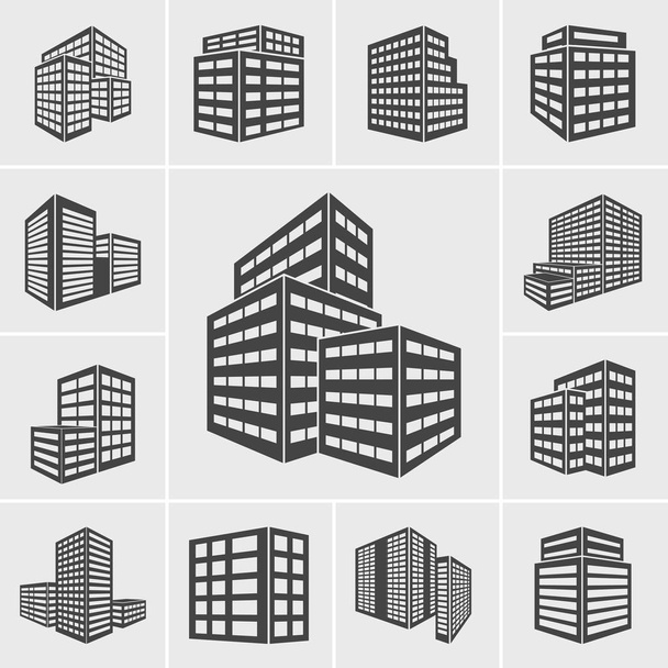 Black building icons vector set on gray background. - Vector, Image