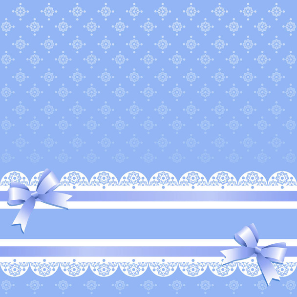 Snowflakes on light blue background with lilac ribbons and bows. Vintage background with lace border and satin ribbon with bows. Invitation card or shower template. Vector illustration. - Vektör, Görsel