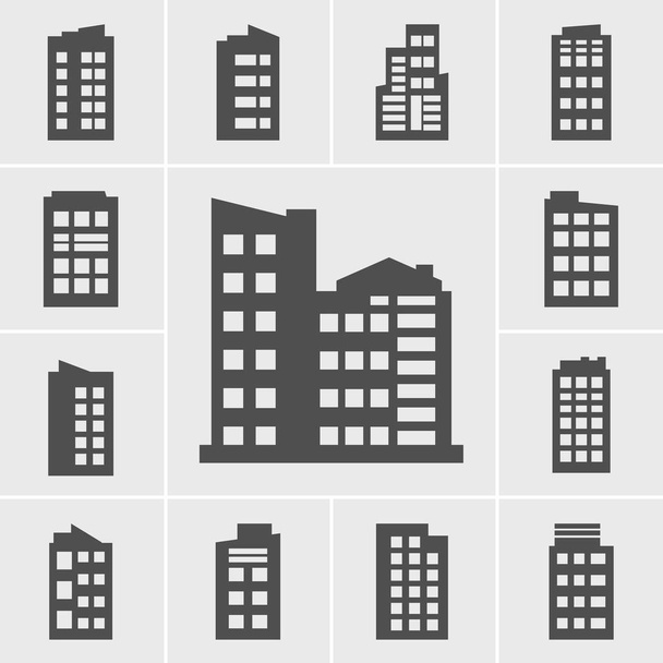 Black building icons vector set on gray background. - Vector, Image