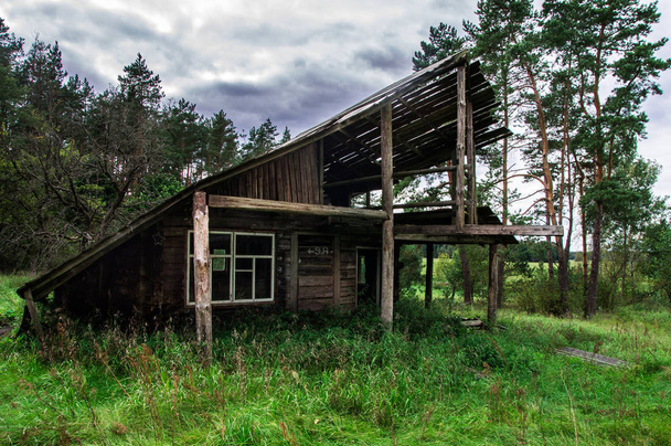 Old gloomy abandoned wooden house in the forest - Fotó, kép