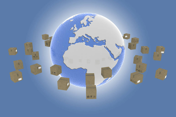 Ilustração 3D. Envio em todo o mundo. As parcelas giram ao redor do globo para serem entregues - Foto, Imagem