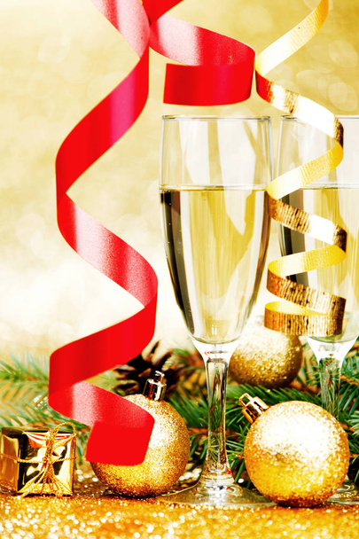 Glasses of champagne and decoration with natural fir branch - Photo, image