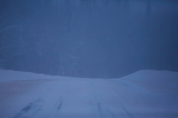snow and fog on winter road, winter lonely landscape - Photo, image