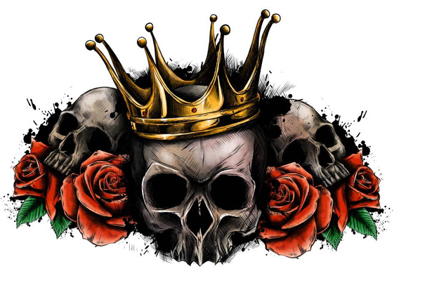 teschi contornati da rose rosse e corone d 'oro
 - Фото, изображение
