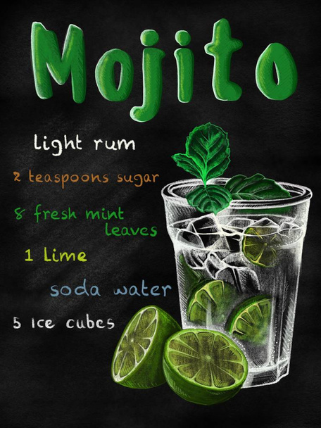 manifesto disegnato di un cocktail con le ricette e gli ingredienti - Foto, Imagem