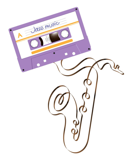Compact audio cassette violet color and saxophone shape made from analog magnetic audio tape illustration on white background, with copy space - Vector, Image