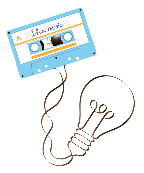 Cassete de áudio compacto cor azul e forma de lâmpada incandescente feita de ilustração de fita de áudio magnética analógica, ideia de design de conceito de música no fundo branco, com espaço de cópia
 - Vetor, Imagem