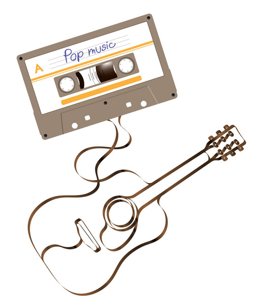 Compacte audio cassette groene kleur en vorm van de akoestische gitaar gemaakt van analoge magnetische geluidsband illustratie op witte achtergrond, met kopie ruimte - Vector, afbeelding
