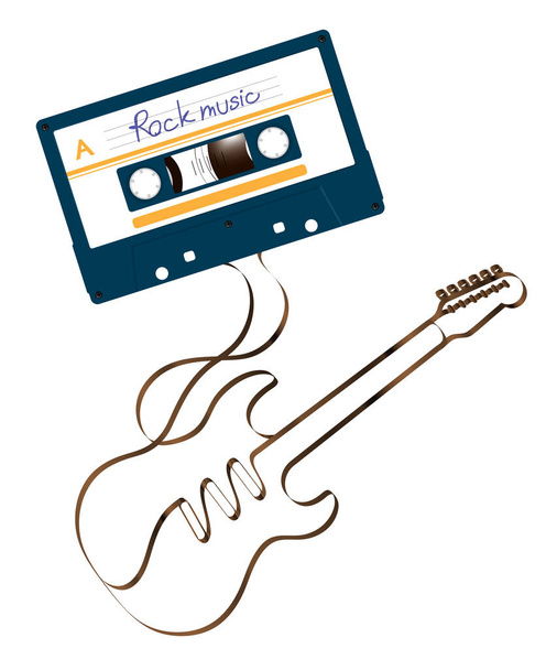 Kompaktní audio kazeta tmavě modrou barvu a elektrická kytara tvaru vyrobené z ilustrace analogový magnetické audio pásku na bílém pozadí, kopírování prostor - Vektor, obrázek