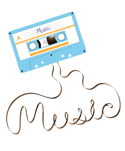 Compacte audio cassette blauwe kleur en muziek tekst gemaakt van analoge magnetische geluidsband illustratie op witte achtergrond, met kopie ruimte - Vector, afbeelding