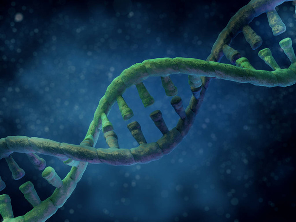 DNA keten. Abstracte wetenschappelijke achtergrond. Prachtige illusie. Biotechnologie, biochemie, genetica en geneeskunde. 3D-weergave - Foto, afbeelding