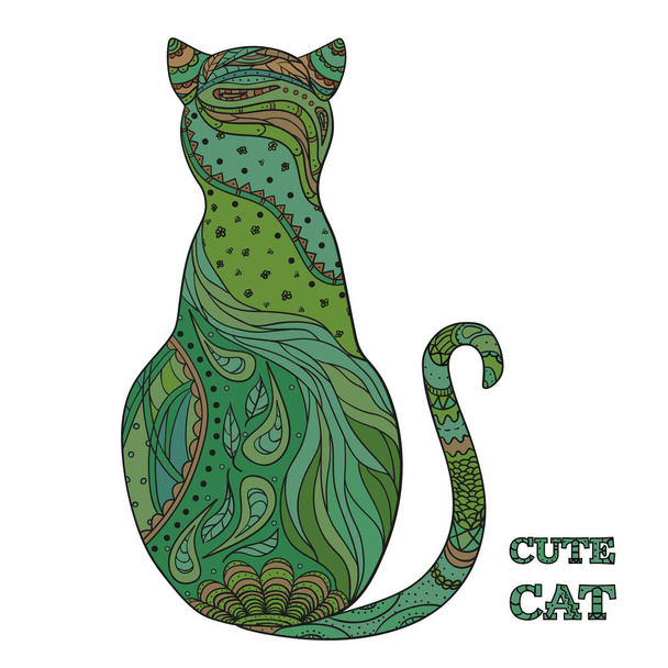 Katze. Zentral. handgezeichnete farbige Katze mit komplizierten Mustern auf isoliertem Hintergrund. Design für spirituelle Entspannung für Erwachsene. Zen-Kunst. Doodle für Banner, Poster, T-Shirts und Textilien - Vektor, Bild