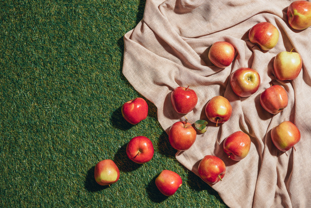 Κάτοψη του κόκκινα μήλα σε λεηλασία πανί και πράσινο γρασίδι - Φωτογραφία, εικόνα