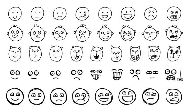Zestaw ręcznie rysowane kreatywnych wektor emotikony. Kolekcja naszkicowanych uśmiechy ludzi i zwierząt z różnych wyrazu twarzy i emocji na białym tle - Wektor, obraz