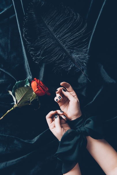 przycięte zdjęcie kobiety z związane ręce i czerwona róża kwiat z czarne pióro na tkaninie - Zdjęcie, obraz