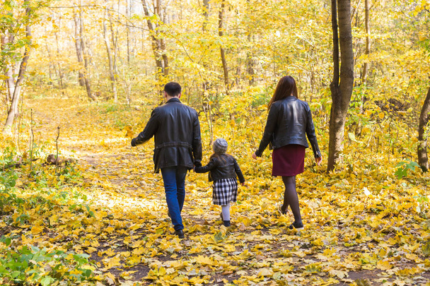 Ősszel, a természet és a járműcsalád-koncepció - családi séta az őszi parkban, hátulnézet - Fotó, kép