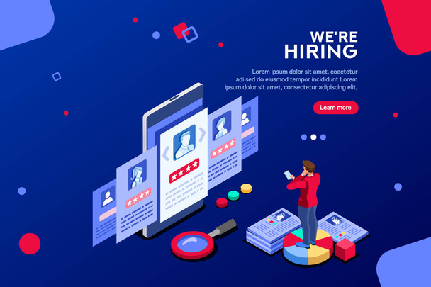 Social presentation for employment. Infographic for recruiting. Web recruit resources, choice, research or fill form for selection. Application for employee hiring. flat isometric vector illustration. - Vecteur, image