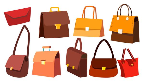 Leather Bag Set Vector. Woman Retro Vintage Fashion Accessories. Handbag Luxury. Isolated Cartoon Illustration - Vector, Image