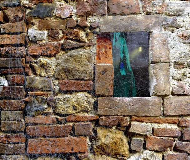Muro de ladrillo de piedra de Halloween cubierto de trapos de tela de araña con una ventana que mira en un bosque de terror de miedo con cabaña y bruja fantasma
 - Foto, imagen