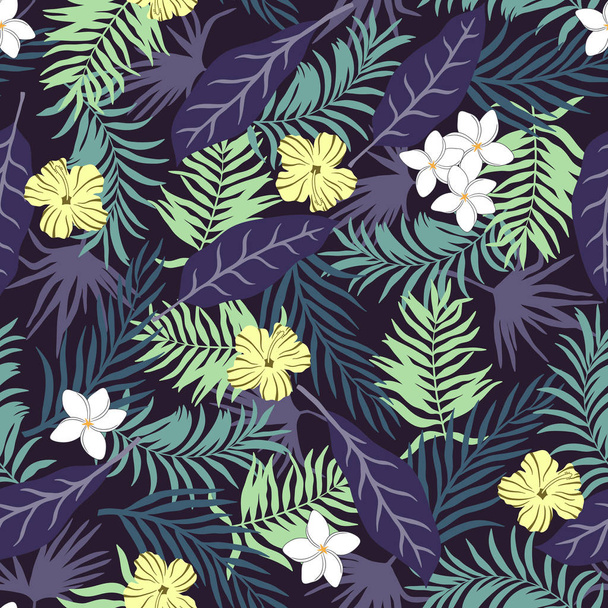 Tropical background with palm leaves and flowers.  - Vector, imagen