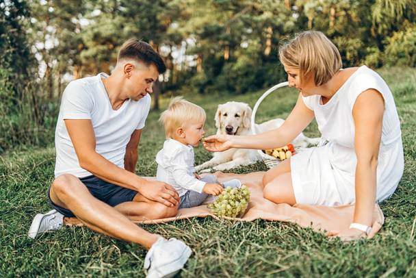Young pretty family on picnic with dog - Foto, imagen