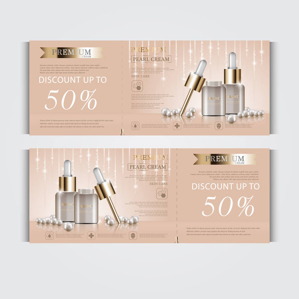 Gift voucher hydrating facial serum for annual sale or festival sale. pearl and gold serum mask bottle isolated on glitter particles background. Banner graceful cosmetic ads, illustration. - Vecteur, image