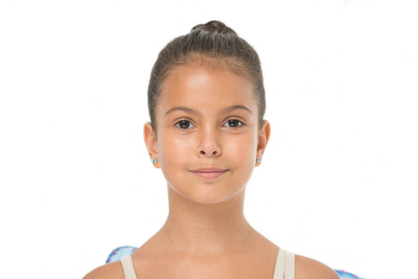 How to do ballet bun. Proper hairstyle for pupil ballerina. Make proper hairstyle visit ballet classes. Girl cute smiling face with neat and tidy bun hair. Perfect appearance excellent student - Fotó, kép