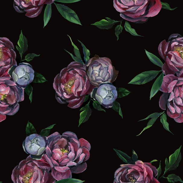 Oil or pastel drawing. Seamless pattern of different peony flowers and leaves on dark blue background. Flowers drawing in old style - Foto, imagen