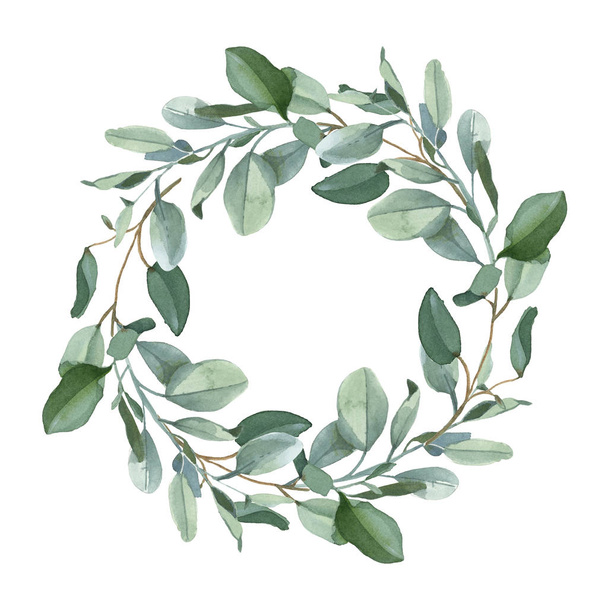 Watercolor illustration. Wreath of green eucalypt leaves isolated on white background for wedding and greeting cards in boho or rustic style - Photo, image