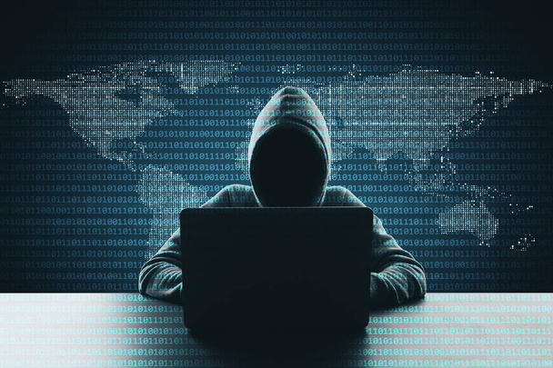 Οι χάκερ χρησιμοποιούν φορητό υπολογιστή στο φόντο του χάρτη αφηρημένη δυαδικό κώδικα. Hacking και phishing έννοια  - Φωτογραφία, εικόνα