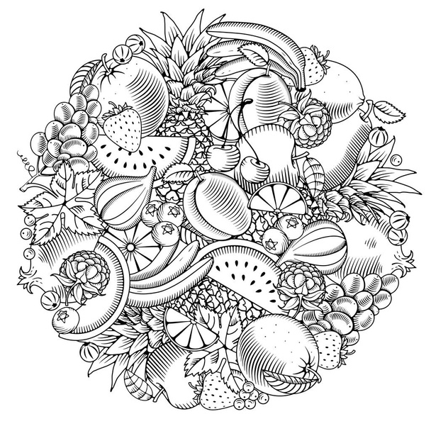 Frutas e bagas design redondo à mão desenhado doodle ou estilo gravado. Preto e branco. Ilustração vetorial
. - Vetor, Imagem