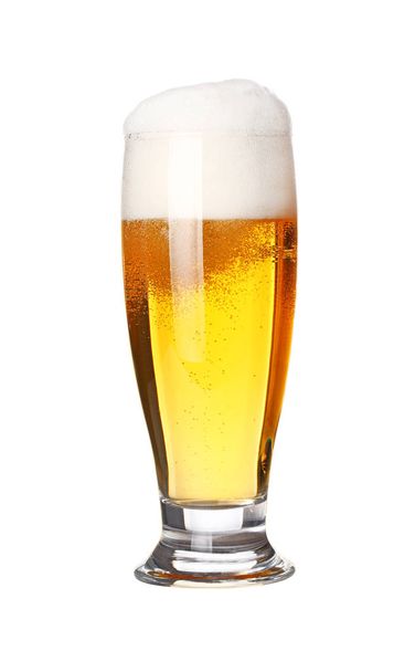 Close up one full high glass of lager beer with froth and bubbles isolated on white background, low angle side view - Φωτογραφία, εικόνα