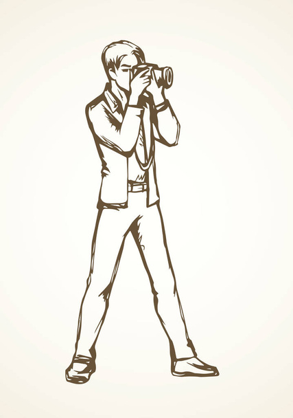 Young cameraman guy make snapshot session on white backdrop. Outline black ink hand drawn slr lens icon sign image picture sketchy in retro artistic doodle cartoon style pen on paper space for text - Vector, Image
