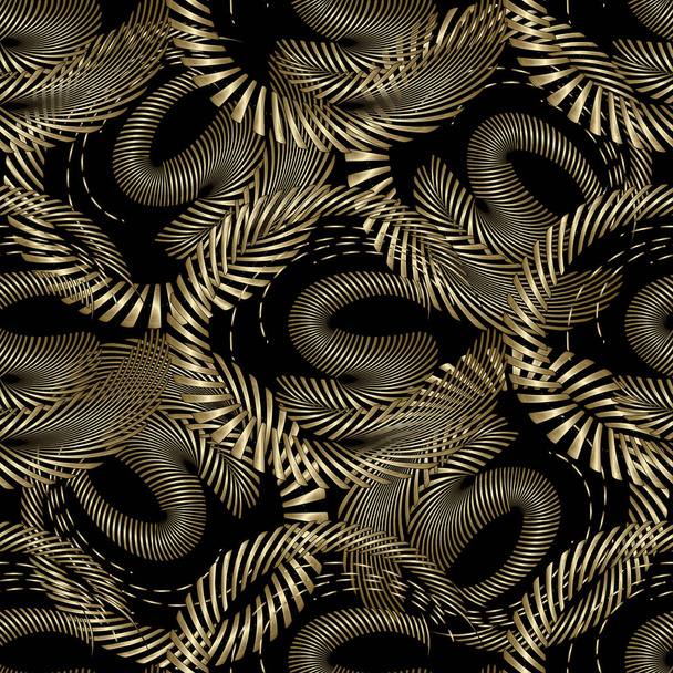 Intricate abstract gold 3d vector seamless pattern. Modern ornamental geometric fractal background. Radial stripes, lines, fractal shapes, curves, circles. Textured design. Luxury ornament for design - Vektör, Görsel