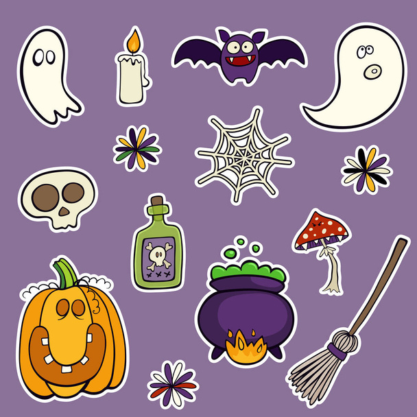 Halloween set of patches with pumpkin, skull, mushroom and other elements. Vector illustration isolated on violet background. Set of stickers, pins, patches in cartoon comic style. - Vetor, Imagem