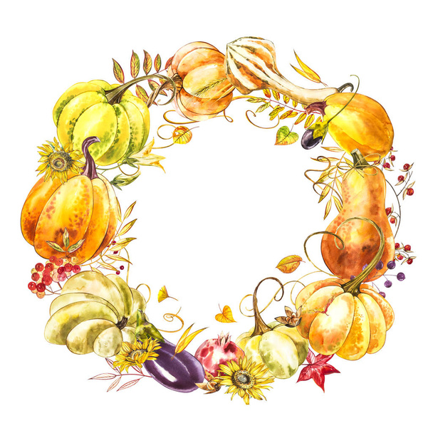 Autumn leaves and pumpkins wreath with space text on white background. Seasonal floral maple oak tree orange leaves with gourds for thanksgiving holiday, harvest decoration watercolor design. - Foto, afbeelding