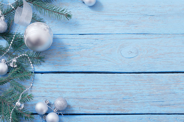 Christmas decoration on blue wooden background - Foto, Imagen