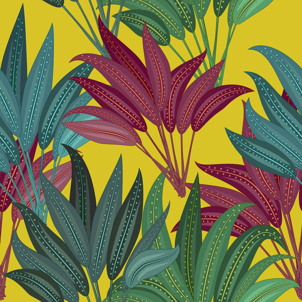 シームレス パターン エキゾチックなジャングルの植物熱帯のヤシの葉、黄色の背景に花のベクトル。自然の壁紙。ベクトルの背景. - ベクター画像