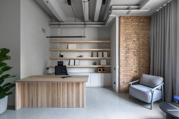 Stylish office in loft style with gray walls - Fotoğraf, Görsel