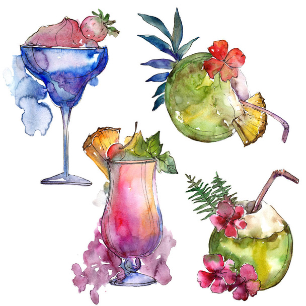 Tropical party cocktail drink bar. Alkohol üveg szett, étterem étlap illusztráció. Trópusi, elszigetelt ikon vázlat rajz. Aquarelle koktél ital illusztráció, a háttér textúra. - Fotó, kép