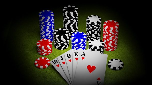 Casino fichas y una escalera real escalera cartas de juego mano de póquer
 - Foto, imagen