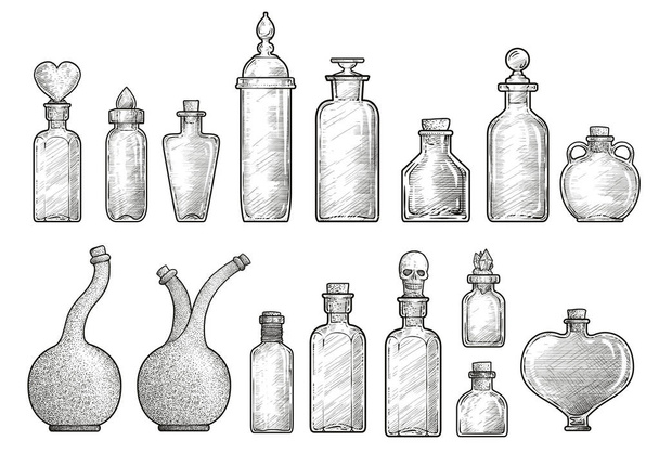 Pozione, illustrazione della bottiglia della medicina, disegno, incisione, inchiostro, linea arte, vettore
 - Vettoriali, immagini