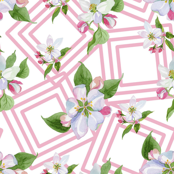 Watercolor apple blossom flower. Floral botanical flower. Seamless background pattern. Fabric wallpaper print texture. Aquarelle wildflower for background, texture, wrapper pattern, frame or border. - Zdjęcie, obraz