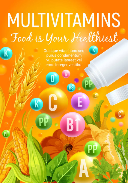 Vitamin food with vegetable, cereal and herbs - Vector, Image