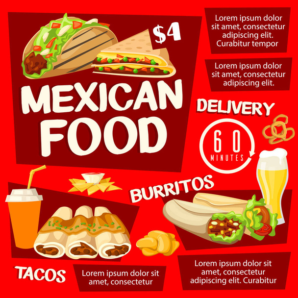 Mexican food with taco, burrito and drinks - Vector, Image