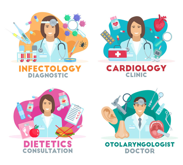 Vector medicine icons with doctors - Vector, Image