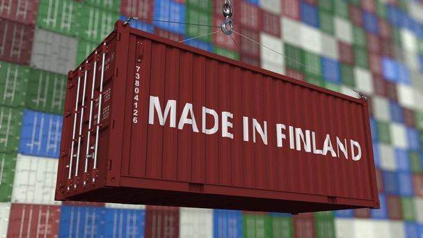Container with MADE IN FINLAND caption. Finnish import or export related 3D rendering - Foto, afbeelding
