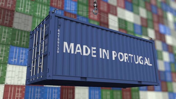 Verladecontainer mit Made in portugal Bildunterschrift. Portugiesisches Import oder Export bezogenes 3D Rendering - Foto, Bild