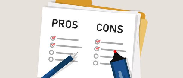 pros cons concept on decision making process. Listing positive and negative for a solution or choice. research question survey. mark on paper - Vector, Image