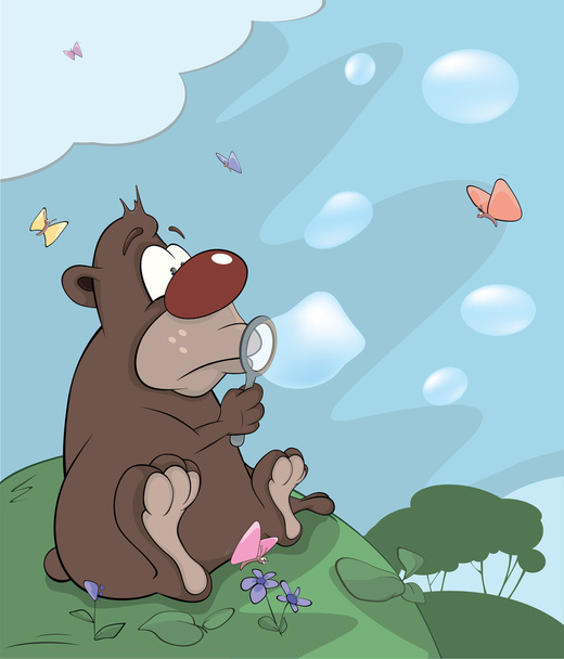 Bear cub and soap bubbles cartoon - Вектор, зображення